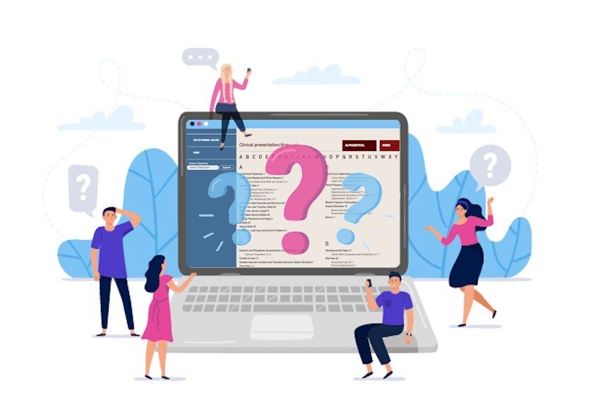 Illustration of A group of people engaged in MCCQE1 exam preparation, looking at the MCC objectives list on a laptop with a question mark on it.