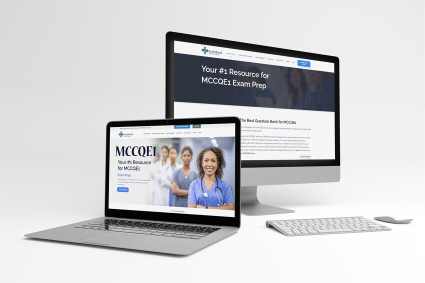 A laptop and computer are displaying the Ace QBank website, which provides a question bank for the MCCQE1 exam preparation.