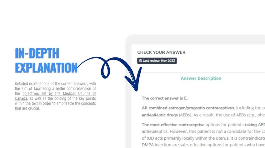 A screenshot of the MCCQE1 question bank providing an in-depth explanation for MCCQE1 exam preparation.