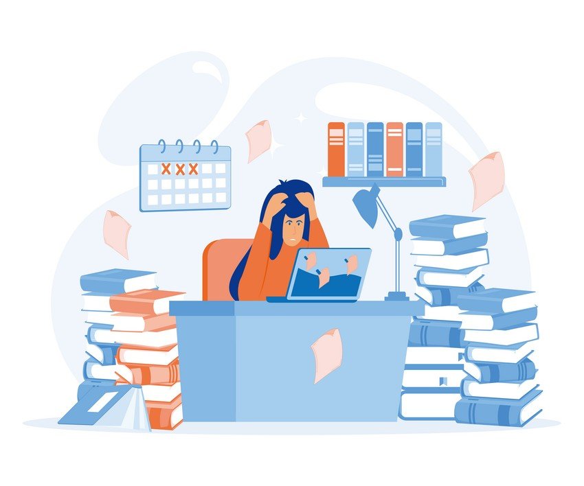 A woman sitting at a desk surrounded by a multitude of books, diligently studying for her MCCQE1 exam preparation.
