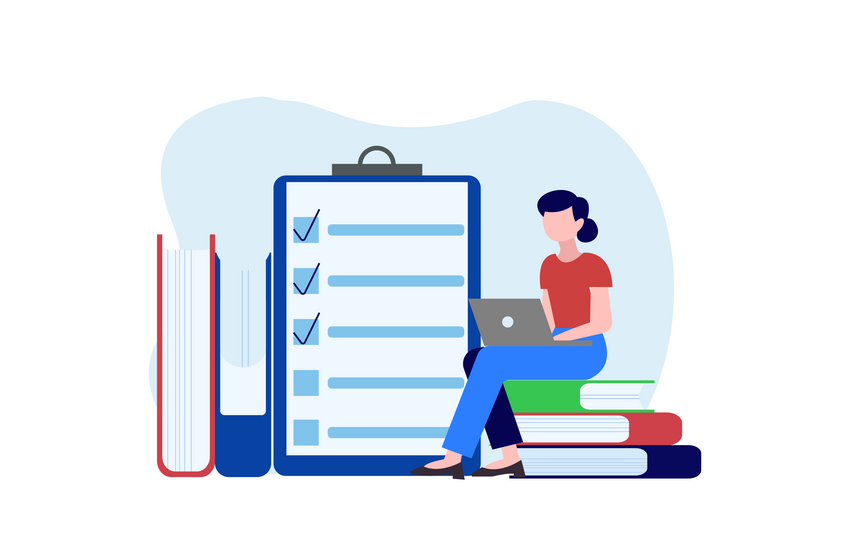 A woman sitting at a desk with books and a clipboard, preparing for the MCCQE1 exam.