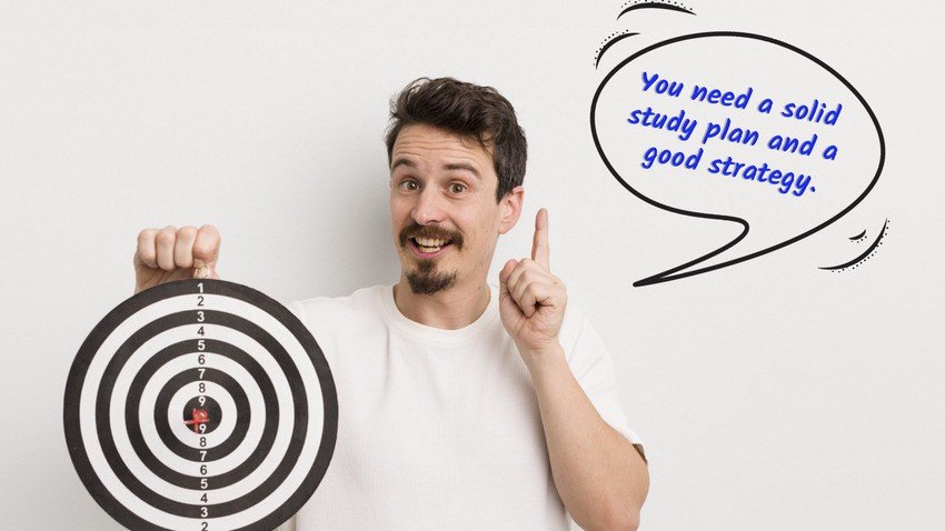 A man pointing to a dart board with the words you need a study plan and a good strategy to ensure success in your MCCQE1 exam preparation.