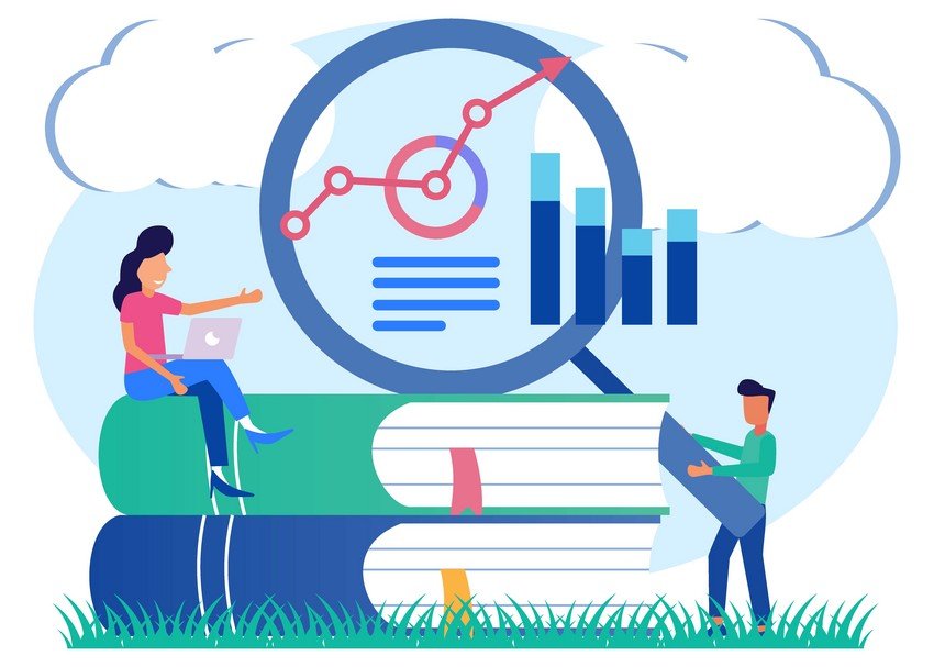 A man and a woman are examining a stack of books through a magnifying glass for MCCQE part 1.