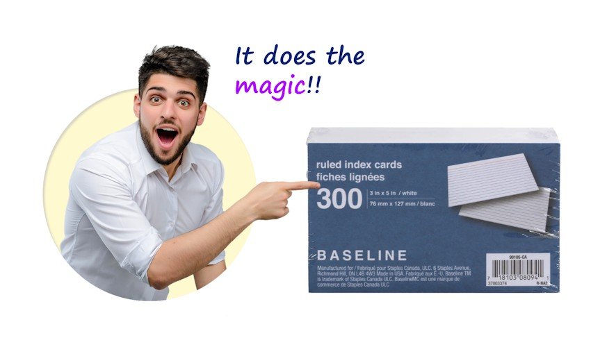 A man is pointing at a flash card box for creating the final review notes for the MCCQE Part 1 preparation.