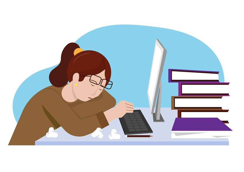 A girl is sleeping at her desk while preparing for the MCCQE Part 1 exam with a laptop.