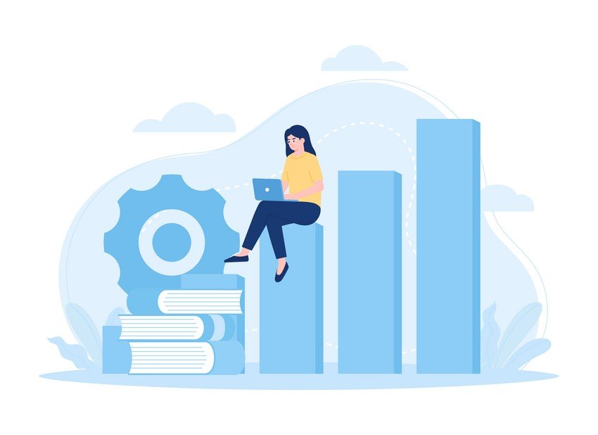 A woman sitting on top of a chart with gears and books, preparing for the MCCQE Part 1 exam.