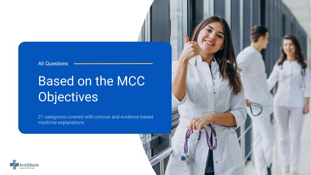 A smiling healthcare professional giving a thumbs up in the foreground with colleagues discussing in the background about MCCQE Part 1 exam preparation from Ace QBank.