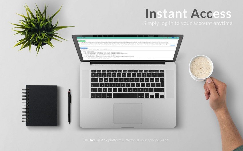 A neatly organized workspace with an open laptop, a notepad, a cup of coffee, and a potted plant on a plain surface, accompanied by the Ace QBank for MCCQE Part 1