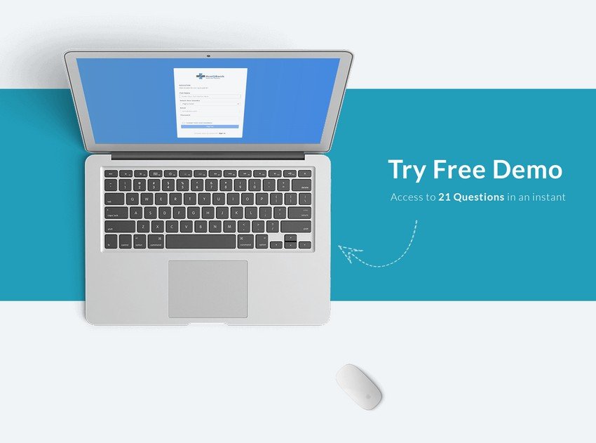 Open laptop displaying a "try free MCCQE Part 1 question bank demo" screen with an external mouse on a dual-tone background.