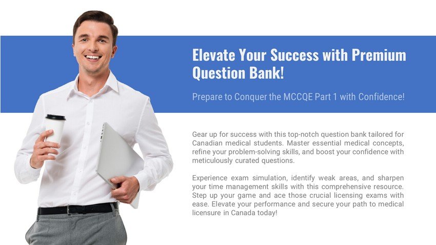 Medical student holding a coffee cup, smiling confidently, with text promoting Ace QBank, a premium question bank for medical licensing exams such as MCCQE1 and PLAB.