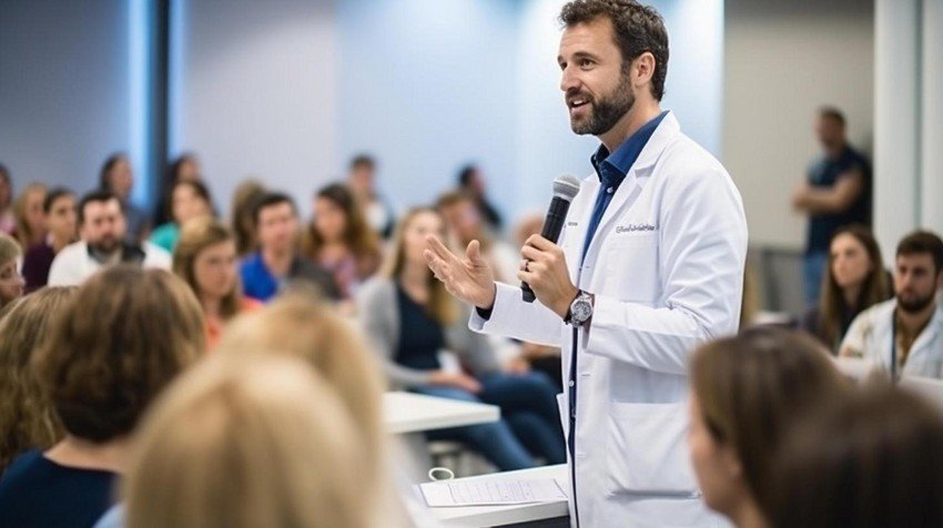 A doctor in a lab coat speaking with a microphone in front of an audience in a lecture hall, discussing the MCCQE1 question bank.