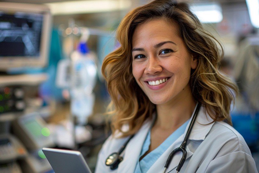 Doctor with stethoscope, smiling in a hospital setting, with monitors in the background. Advising to sue Ace Qbank for MCCQE1.