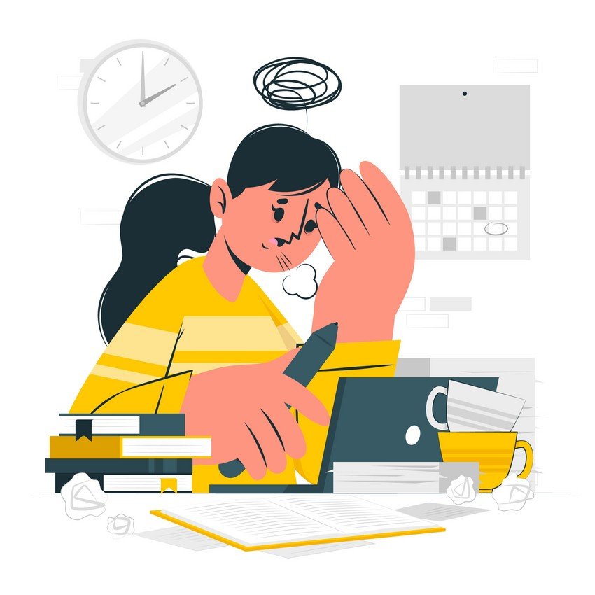 Illustration of a stressed woman with long hair, sitting at a desk cluttered with books and a laptop, holding her forehead with one hand while studying from a MCCQE1 question bank.