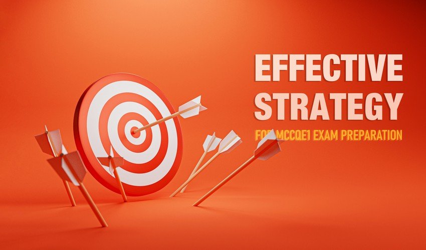 3D illustration of arrows hitting a target with the text "Ace QBank: effective strategy for MCCQE1 exam preparation" on an orange background.