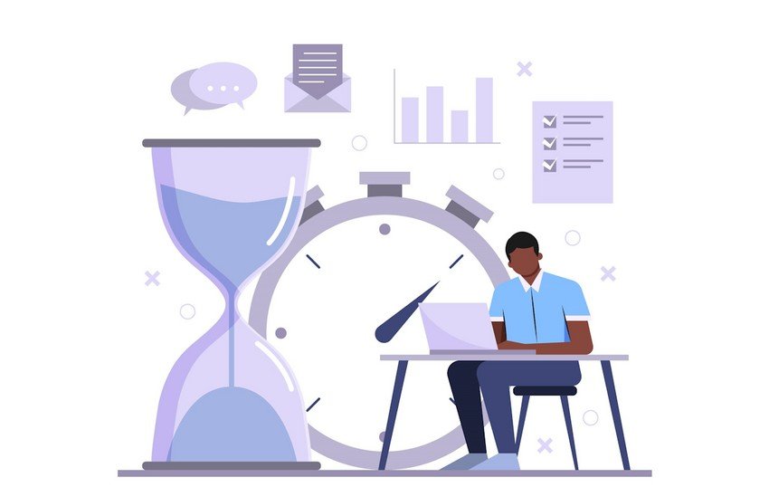 Man sitting at a desk with a laptop, surrounded by an hourglass, stopwatch, and productivity charts, indicating time management and work efficiency as he prepares for the MCCQE Part 1.