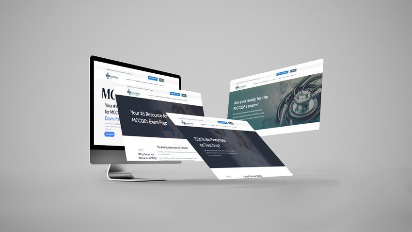 A computer monitor displaying a MCCQE1 exam preparation website design preview with additional design mockups floating in front on a grey background.