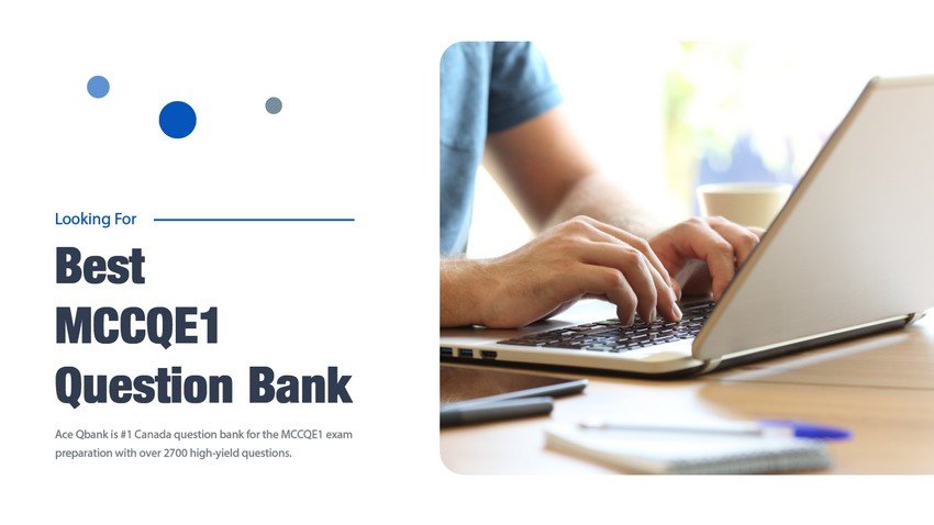 Hands typing on a laptop with a blurred ad for Ace QBank, a Canadian question bank for the MCCQE1, visible on the screen.