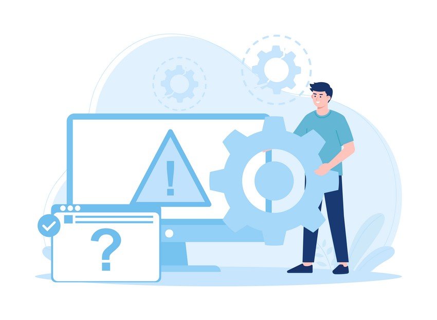 An illustration of a person standing next to a computer screen displaying a warning triangle with an exclamation mark, holding a large gear. The browser window shows a question mark, emphasizing the importance of regular updates for Ace QBank