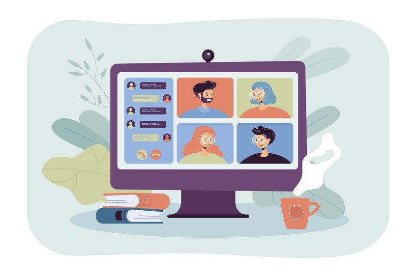 Illustration of a virtual meeting on a computer screen with four participants discussing MCCQE1 exam anxiety. A chat sidebar shows messages. Books and a mug are placed beside the monitor, with "Ace QBank" visible on one book cover. Pale green background with plant motifs.