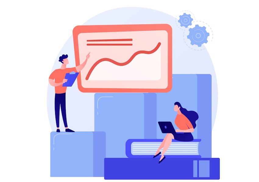 Illustration of a man presenting a graph on a display board to a woman sitting with a laptop on large books, indicating a studying for MCCQE1.