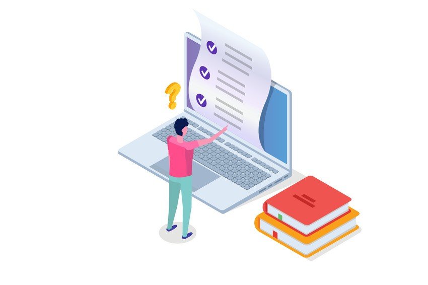 Illustration depicting a person standing next to a laptop, reviewing how to practice questions effectively for MCCQE Part I.