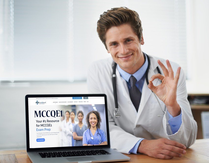 A doctor in a white coat sits behind a laptop displaying a webpage for MCCQE1 exam preparation. The doctor is smiling and making an "OK" hand gesture, evidently confident after checking the latest MCCQE1 Qbank update on Ace QBank.