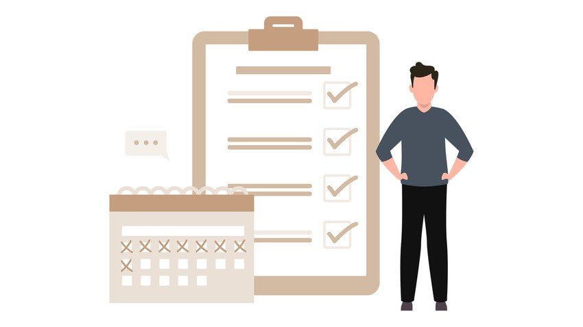 Illustration of a person standing next to a clipboard with checkmark items and a calendar with crossed-out dates, symbolizing the regular use of Ace QBank online question bank for MCCQE Part I practice questions.