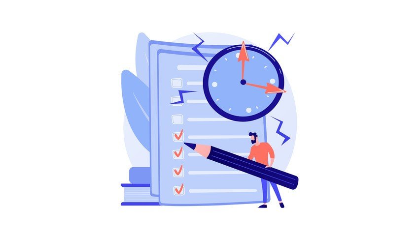 Illustration of a person holding a giant pencil, checking off items on a clipboard with a clock above, symbolizing productivity and time management. This scene showcases the effectiveness of using Ace QBank online question bank to master how to practice questions efficiently