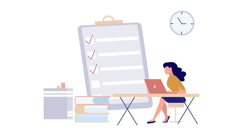 An illustration of a woman working on a laptop at a desk with books, a clipboard with checkmarks, a file cabinet, and a clock on the wall, referencing How to Practice Questions and Ace QBank online question bank.