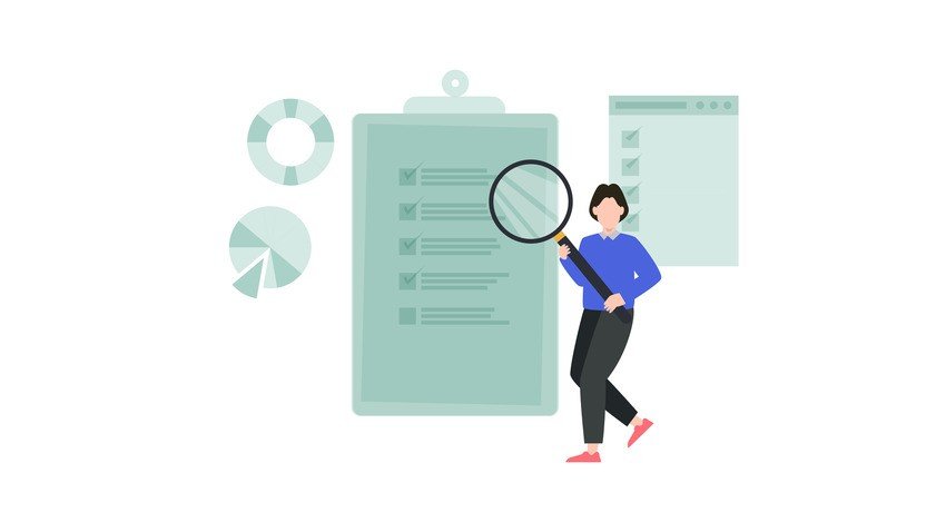 Illustration of a person holding a magnifying glass standing next to a large checklist, with pie charts in the background. This scene represents an effective study tool, featuring tips on how to practice questions using Ace QBank online question bank.