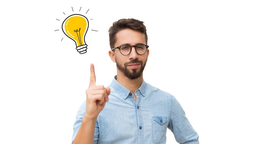 A man with glasses and a beard, wearing a light blue shirt, points upward with his right index finger. A drawing of a yellow light bulb appears above his finger, symbolizing an idea for MCCQE1 exam preparation.