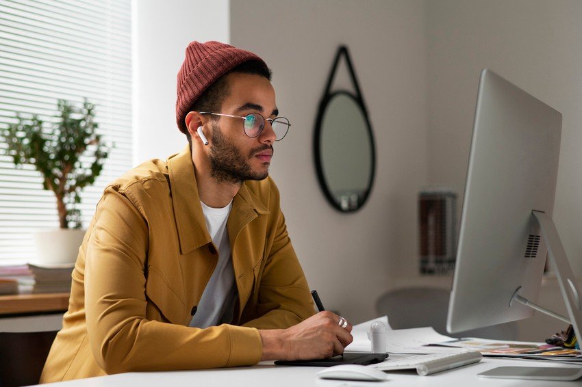 A person wearing glasses and a brown beanie, using AirPods and a digital pen while focused on a computer screen at a work desk, diligently engaged in MCCQE1 exam preparation.