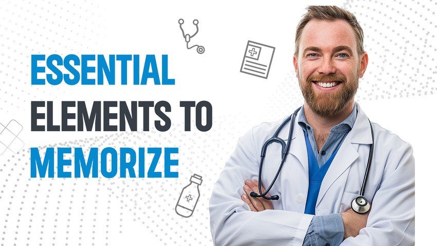 A male healthcare professional in a lab coat and stethoscope smiles beside the text "Essential Elements to Memorize" with medical icons in the background, perfect for MCCQE1 exam preparation.