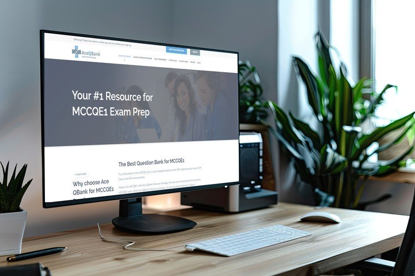 A computer monitor on a wooden desk displays a website for MCCQE1 exam preparation with the title "Your #1 Resource for MCCQE1 Exam Prep." An armchair, plant, and other office accessories are in the background. Ace QBank could be your shortcut to success.