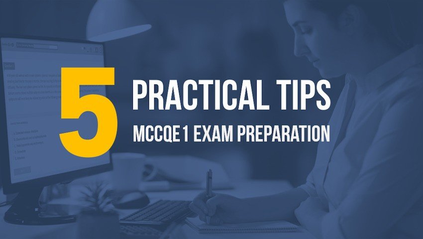Person studying at a desk with a computer screen. Text overlay reads, "5 Practical Tips for MCCQE1 Exam Preparation with Ace QBank.
