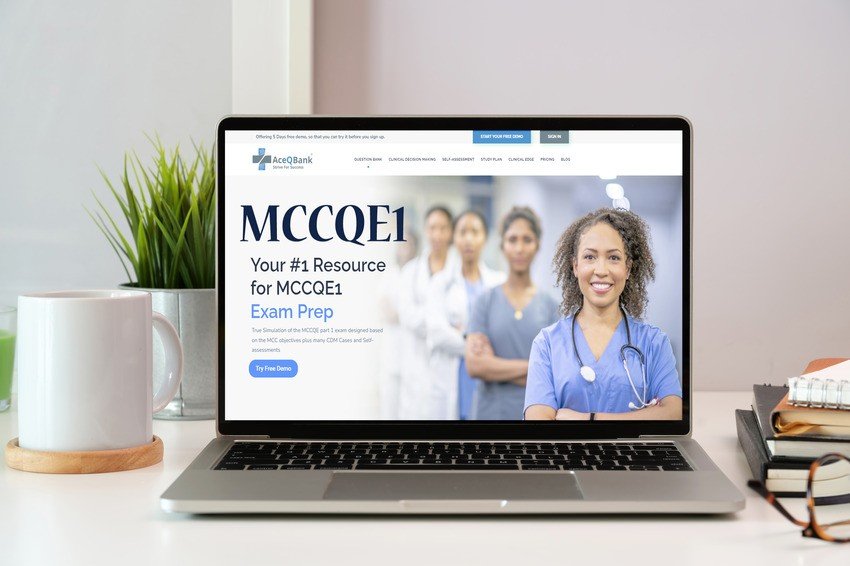 A laptop on a desk showcases a website for MCCQE1 exam preparation using Ace QBank, featuring a group of diverse healthcare professionals and study-related items nearby.