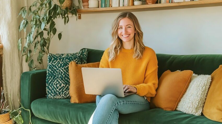 Sitting on a green sofa with yellow cushions, a person smiles while using their laptop. Shelves with books and a plant are in the background, perhaps studying Ace QBank to crush the MCCQE1 on their first try.