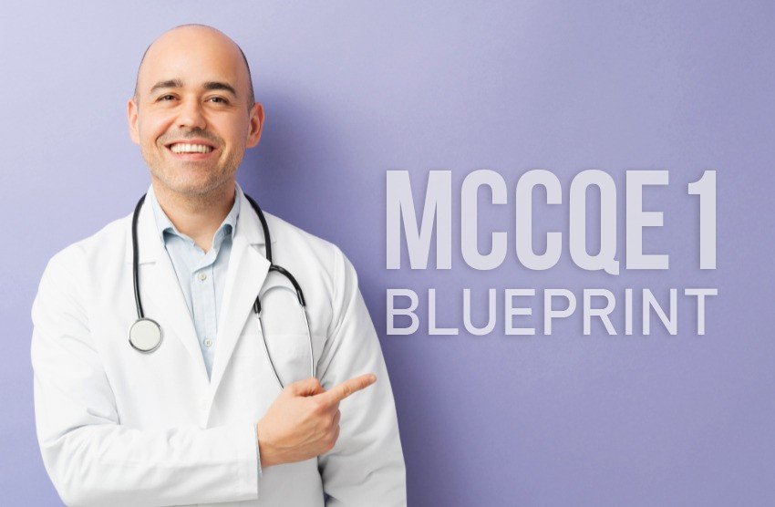 A doctor in a white coat and stethoscope smiles, pointing to the text "Crush 2025 MCCQE1 on Your First Try" on a purple background.