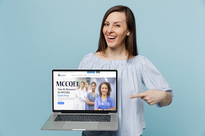 A woman in a striped shirt smiles and points at a laptop displaying an exam preparation website for MCCQE1. The page also offers resources like the AMC exam to aid in comprehensive exam preparation.