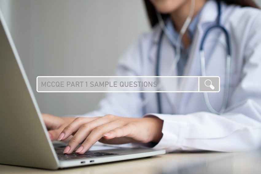 A doctor in a white coat and stethoscope types on a laptop, focused on MCCQE1 prep. A search bar overlay reads, "Ace QBank for MCCQE Part 1 Sample Questions.