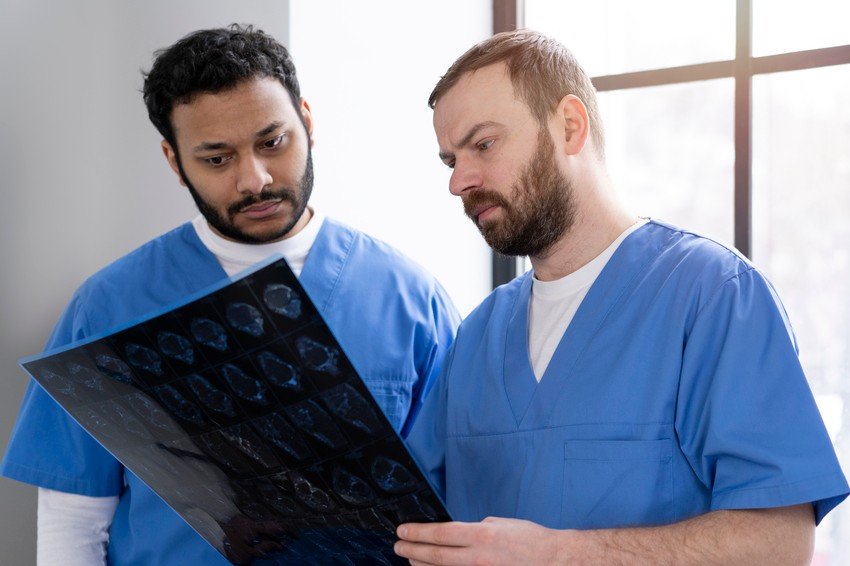 Two medical professionals in blue scrubs examine a series of brain scans from a CT Image for the AMC exam, their focus sharp in the bright light near the window.