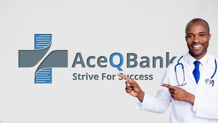 A man in a white coat with a stethoscope points to the Ace QBank logo, featuring a magnifying glass over the letter 'Q', and proudly displays the tagline "Strive For Success," emphasizing its role in MCCQE1 exam preparation and MCCQE Part 1 scheduling for 2025.