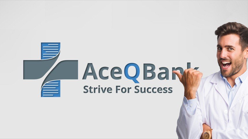 A man in a white coat smiles and gestures toward the AceQBank logo and slogan "Strive For Success" on a white background, highlighting dedicated MCCQE Part 1 prep aligned with MCC objectives.