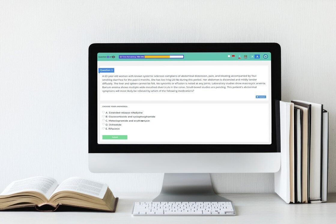 A computer monitor on a desk displays an Ace QBank medical question quiz. Two open books, essential for MCCQE1 Prep, lie on either side of the monitor.