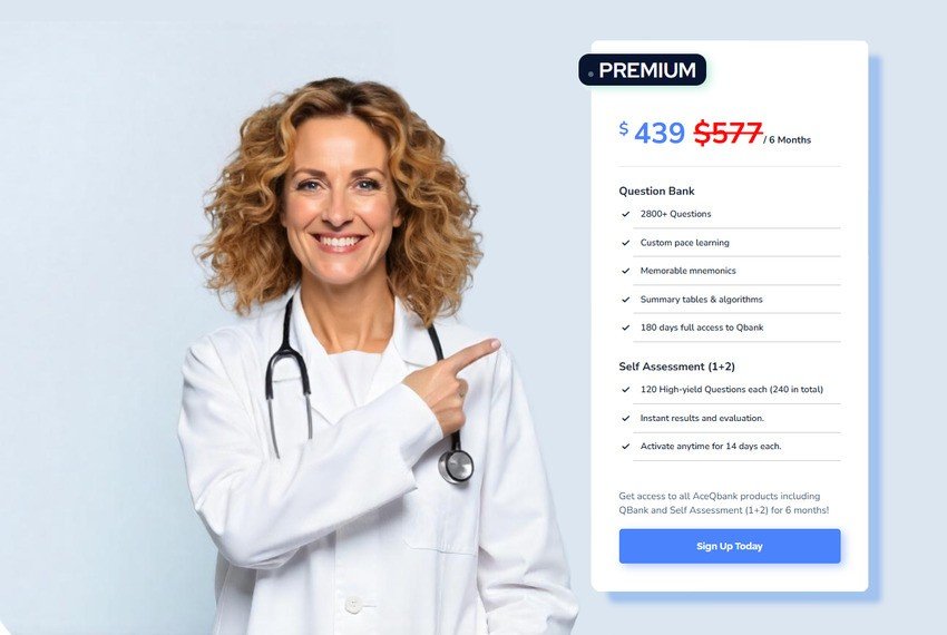 A smiling woman in a white lab coat points to an Ace QBank premium subscription offer displayed on a panel listing MCCQE Part 1 prep features and a discounted price.