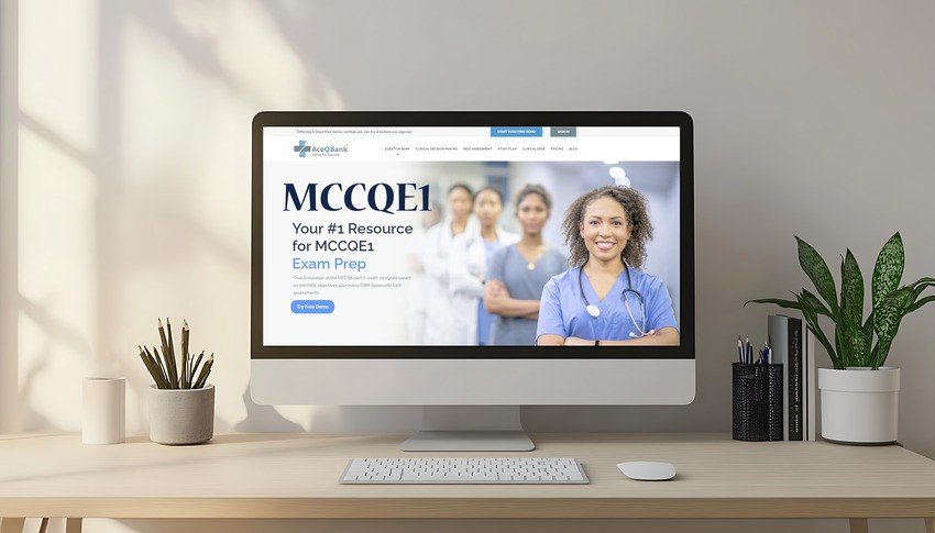 A computer monitor on a desk displays the Ace QBank website for MCCQE Part 1 Prep, showing a woman in scrubs and a group of medical professionals in the background.