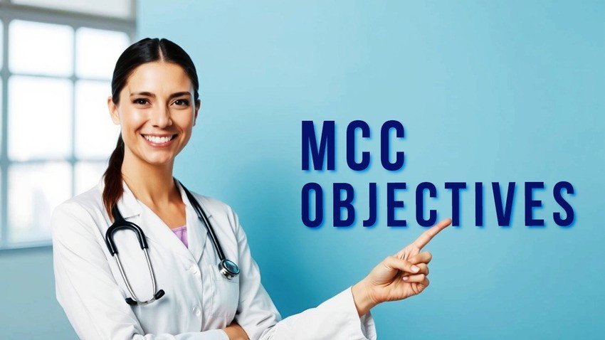 A female doctor with a stethoscope smiles and points to the text "MCCQE1 Objectives" on a blue background, highlighting key goals for success with Ace QBank.