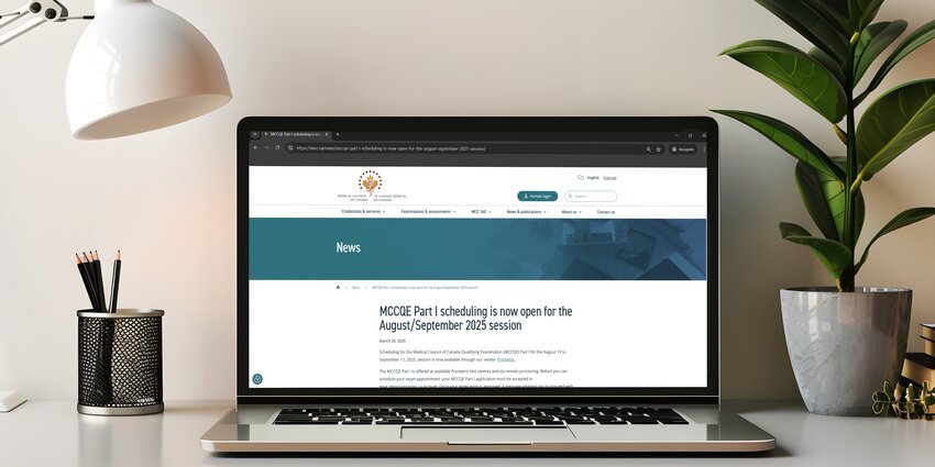 A laptop showcasing MCC's website, the ultimate resource for MCCQE1 exam dates.