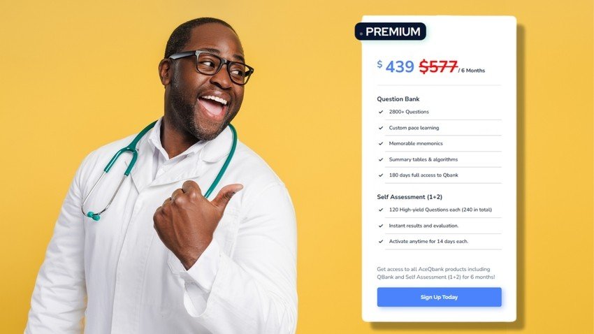 A smiling healthcare professional in a white coat points at an MCCQE Part 1 Prep online premium subscription offer from Ace QBank, featuring a discounted price and list of benefits, against a yellow background.