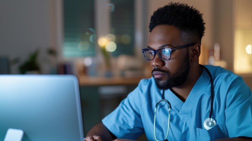 A healthcare professional deeply focused on the MCCQE1 Prep Qbank on their laptop screen in a dimly lit room, with a stethoscope around their neck.